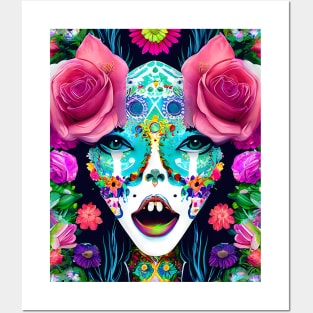 Day of the Dead Inspired Painted Woman Face with Flowers Posters and Art